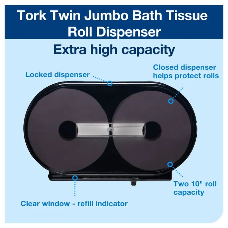 Tork Toilet Paper Dispenser T1 5.5X21.5X13 IN Plastic Black 2-Roll Jumbo (JRT) Twin Spool 1/Each