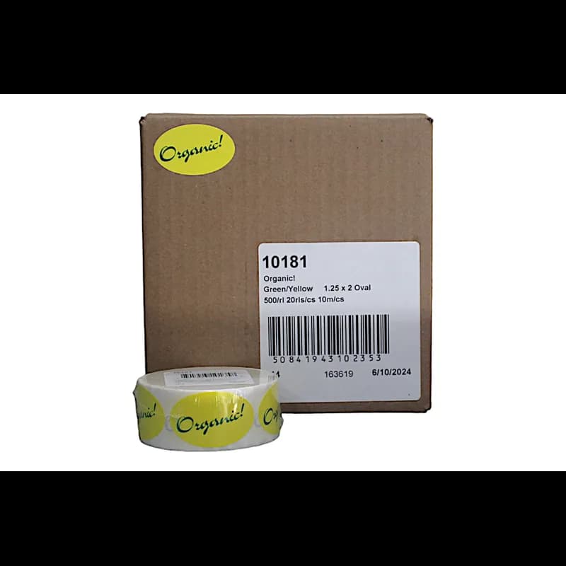 Organic! Produce Flavor Label 1.25X2 IN Green Yellow Oval 500 Count/Roll 20 Rolls/Case 10000 Count/Case