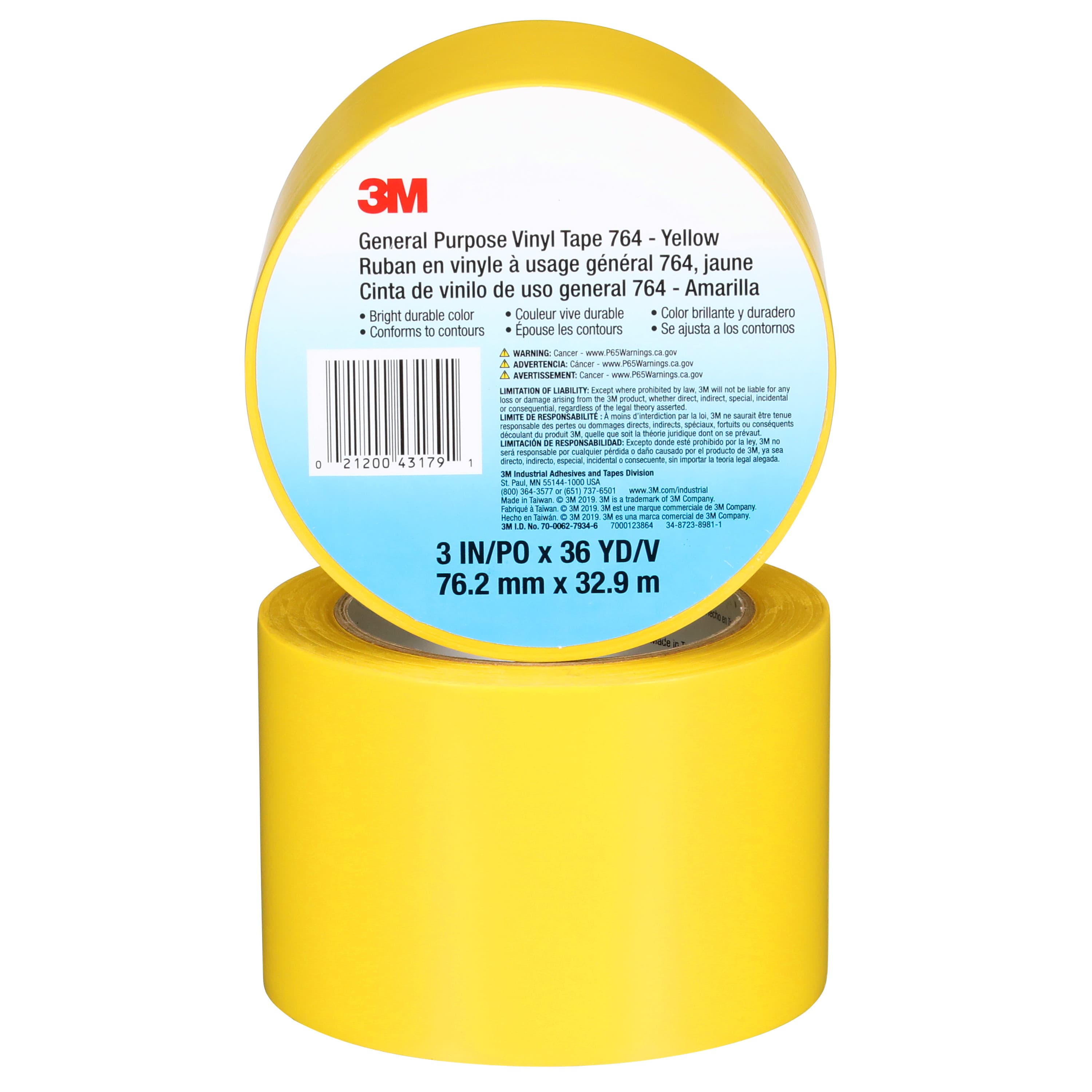 3M™ 764 Tape 3IN X36YD Yellow PVC 5MIL 12 Rolls/Case