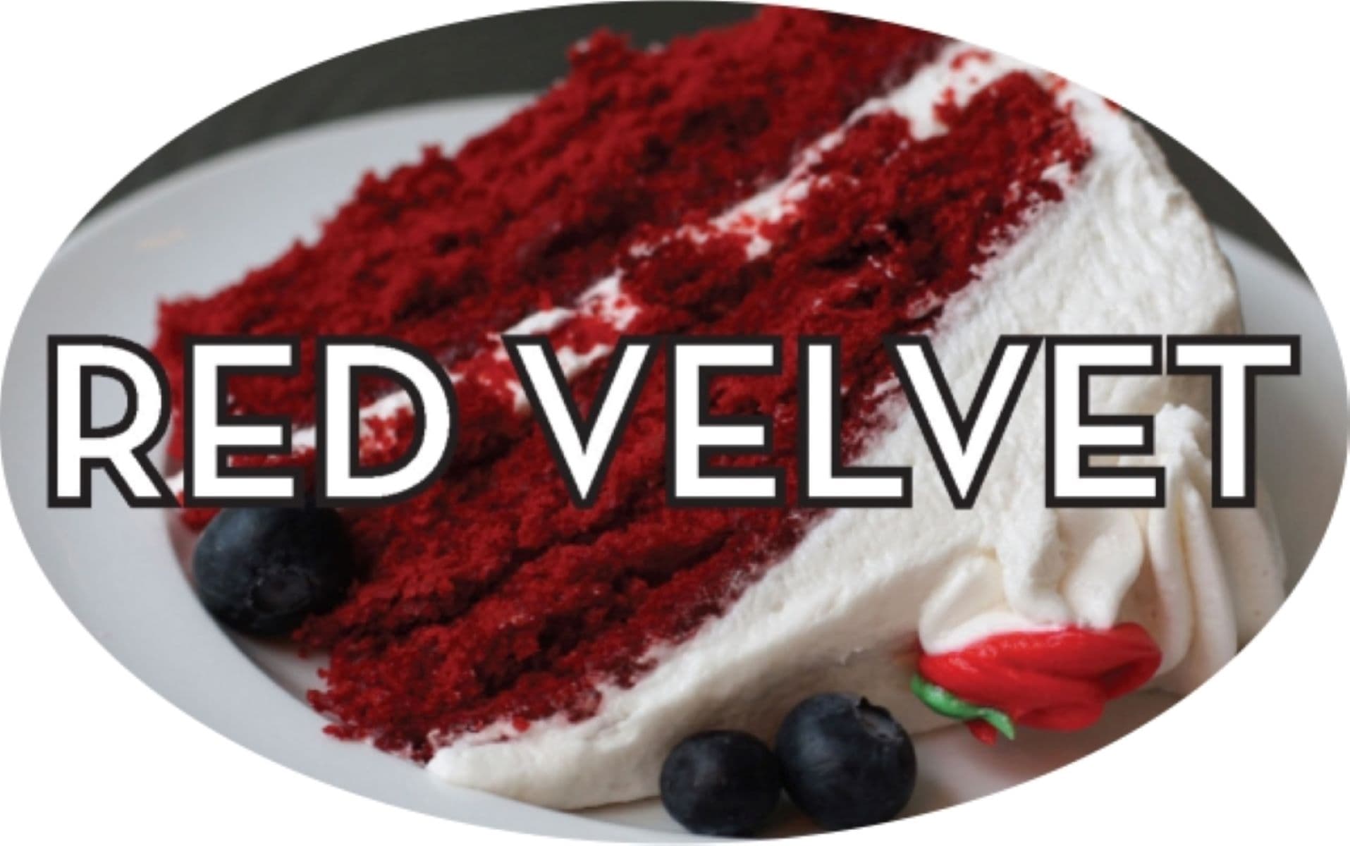 Red Velvet Bakery Flavor Label 1.25X2 IN Oval 4 Color Process 500 Count/Roll 5 Rolls/Sleeve