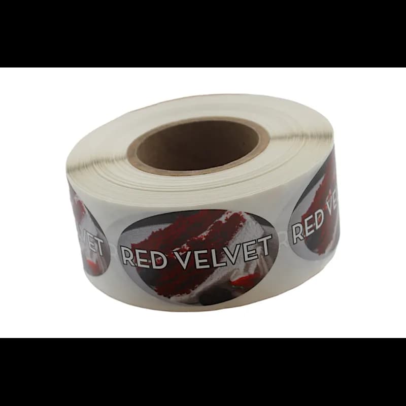Red Velvet Bakery Flavor Label 1.25X2 IN Oval 4 Color Process 500 Count/Roll 5 Rolls/Sleeve