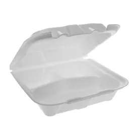 Take-Out Container Hinged With Dome Lid Medium (MED) 8.4X8X3 IN 3 Compartment Polystyrene Foam White Square 150/Case