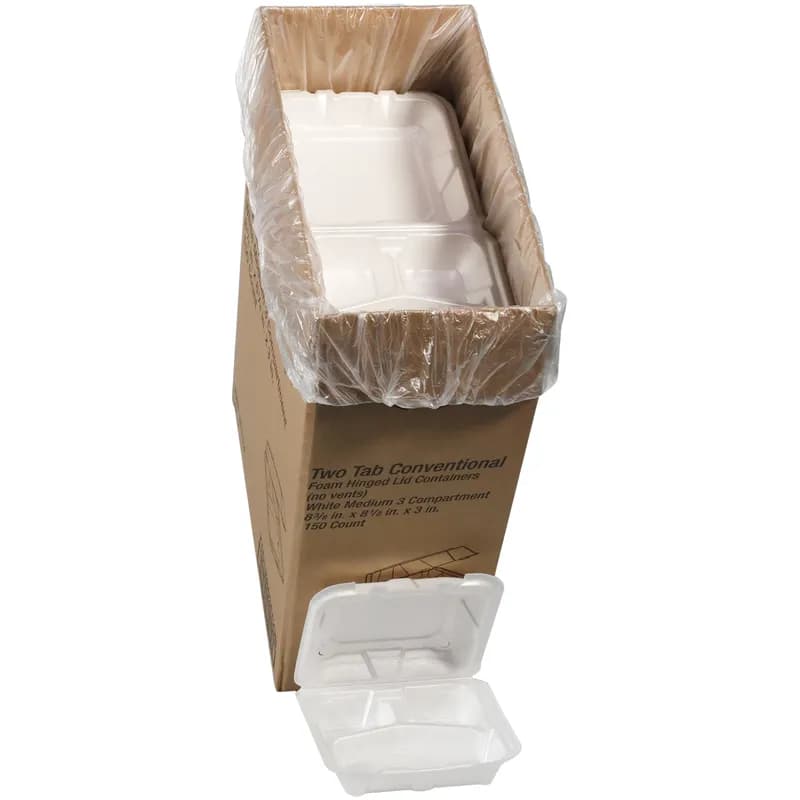 Take-Out Container Hinged With Dome Lid Medium (MED) 8.4X8X3 IN 3 Compartment Polystyrene Foam White Square 150/Case