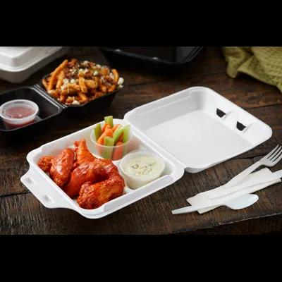 Take-Out Container Hinged With Dome Lid Medium (MED) 8.4X8X3 IN 3 Compartment Polystyrene Foam White Square 150/Case