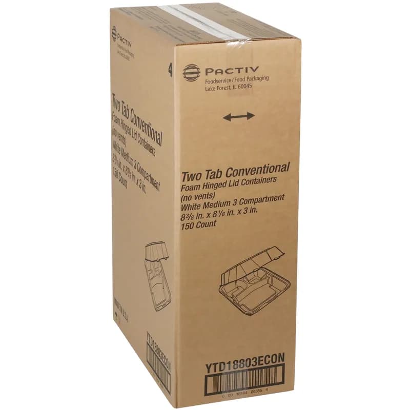 Take-Out Container Hinged With Dome Lid Medium (MED) 8.4X8X3 IN 3 Compartment Polystyrene Foam White Square 150/Case
