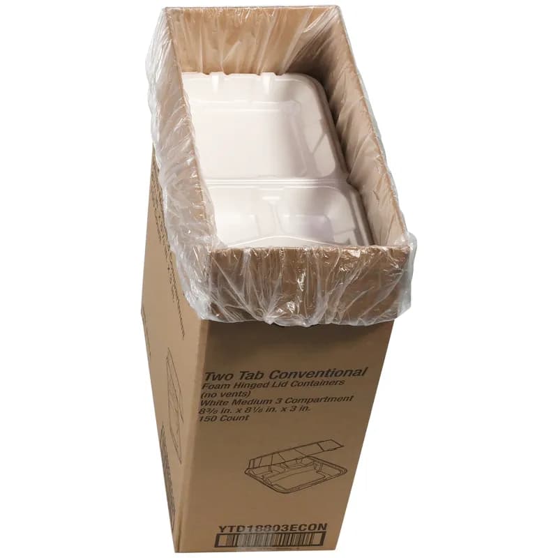 Take-Out Container Hinged With Dome Lid Medium (MED) 8.4X8X3 IN 3 Compartment Polystyrene Foam White Square 150/Case
