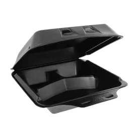 SmartLock® Take-Out Container Hinged With Dome Lid 9X9.5X3.3 IN 3 Compartment Polystyrene Foam Black Square 150/Case