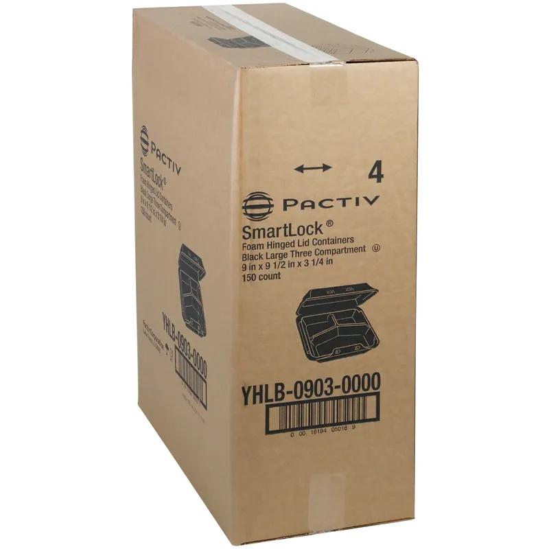 SmartLock® Take-Out Container Hinged With Dome Lid 9X9.5X3.3 IN 3 Compartment Polystyrene Foam Black Square 150/Case