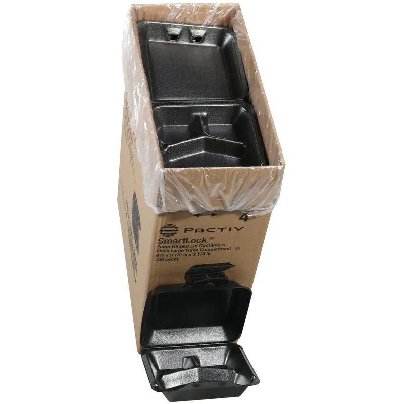 SmartLock® Take-Out Container Hinged With Dome Lid 9X9.5X3.3 IN 3 Compartment Polystyrene Foam Black Square 150/Case