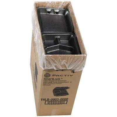 SmartLock® Take-Out Container Hinged With Dome Lid 9X9.5X3.3 IN 3 Compartment Polystyrene Foam Black Square 150/Case