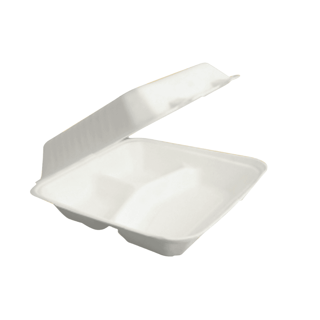 Take-Out Container Hinged With Dome Lid 9X9 IN 3 Compartment Pulp Fiber Square 200/Case