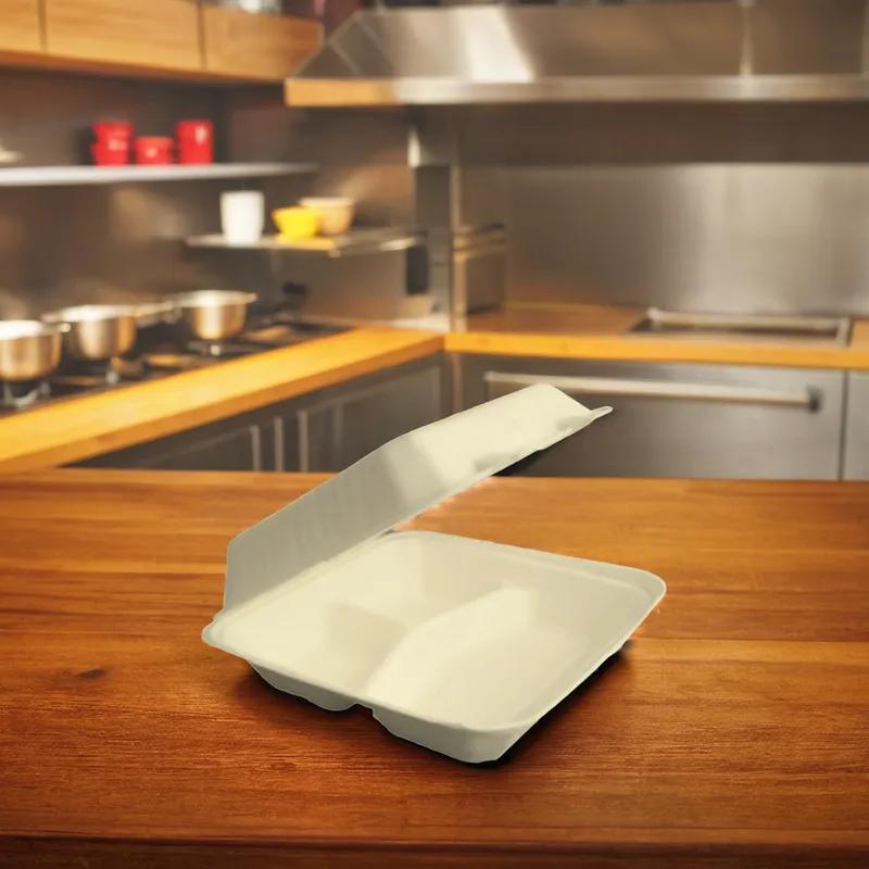 Take-Out Container Hinged With Dome Lid 9X9 IN 3 Compartment Pulp Fiber Square 200/Case