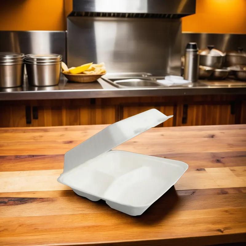 Take-Out Container Hinged With Dome Lid 9X9 IN 3 Compartment Pulp Fiber Square 200/Case