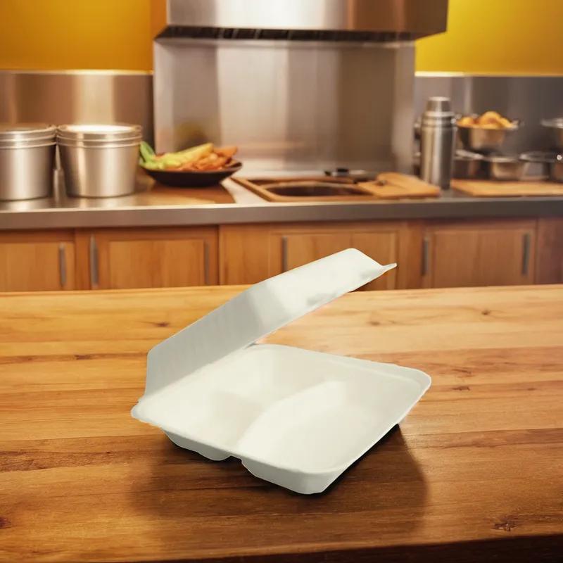 Take-Out Container Hinged With Dome Lid 9X9 IN 3 Compartment Pulp Fiber Square 200/Case