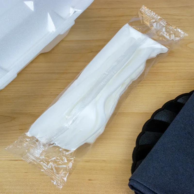 4PC Cutlery Kit PP White Medium Weight With 13X17 Napkin,Fork,Knife,Spoon 250/Case