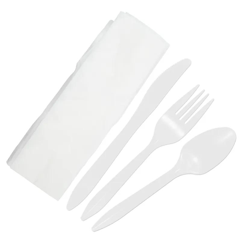 4PC Cutlery Kit PP White Medium Weight With 13X17 Napkin,Fork,Knife,Spoon 250/Case