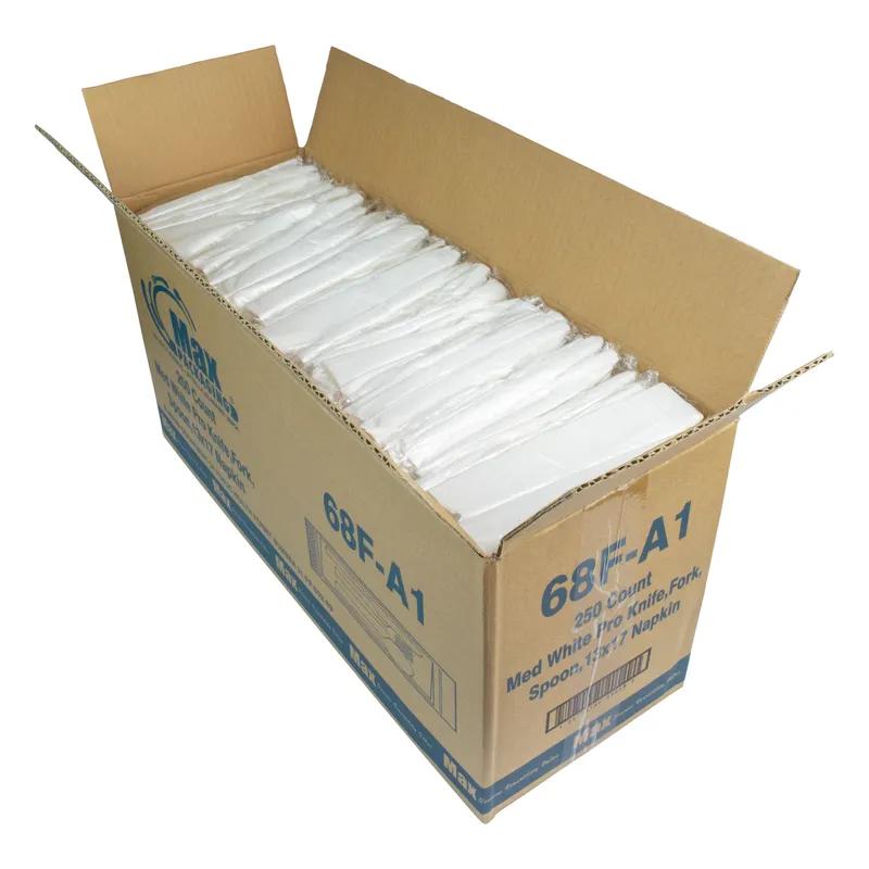 4PC Cutlery Kit PP White Medium Weight With 13X17 Napkin,Fork,Knife,Spoon 250/Case