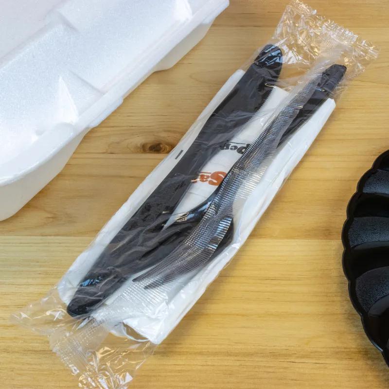 5PC Cutlery Kit PS Black Heavy Duty With 2PLY 13X17 Napkin,Fork,Knife,Salt & Pepper 500/Case