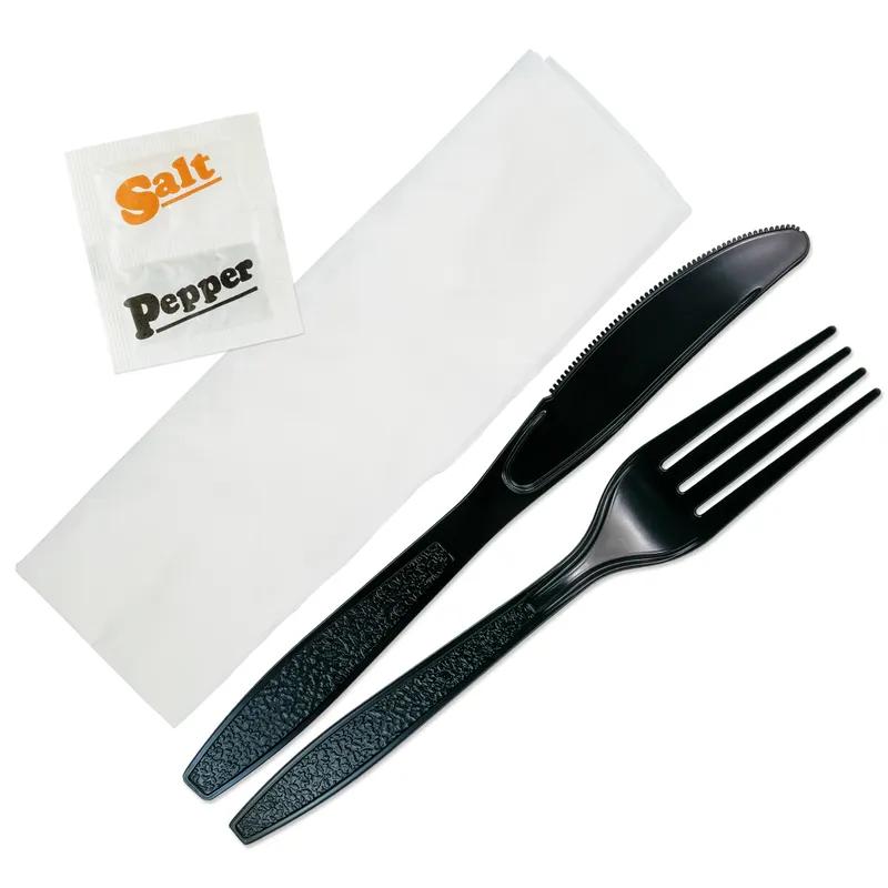 5PC Cutlery Kit PS Black Heavy Duty With 2PLY 13X17 Napkin,Fork,Knife,Salt & Pepper 500/Case