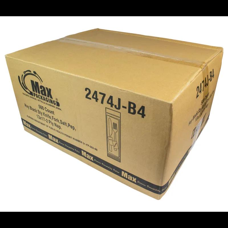 5PC Cutlery Kit PS Black Heavy Duty With 2PLY 13X17 Napkin,Fork,Knife,Salt & Pepper 500/Case
