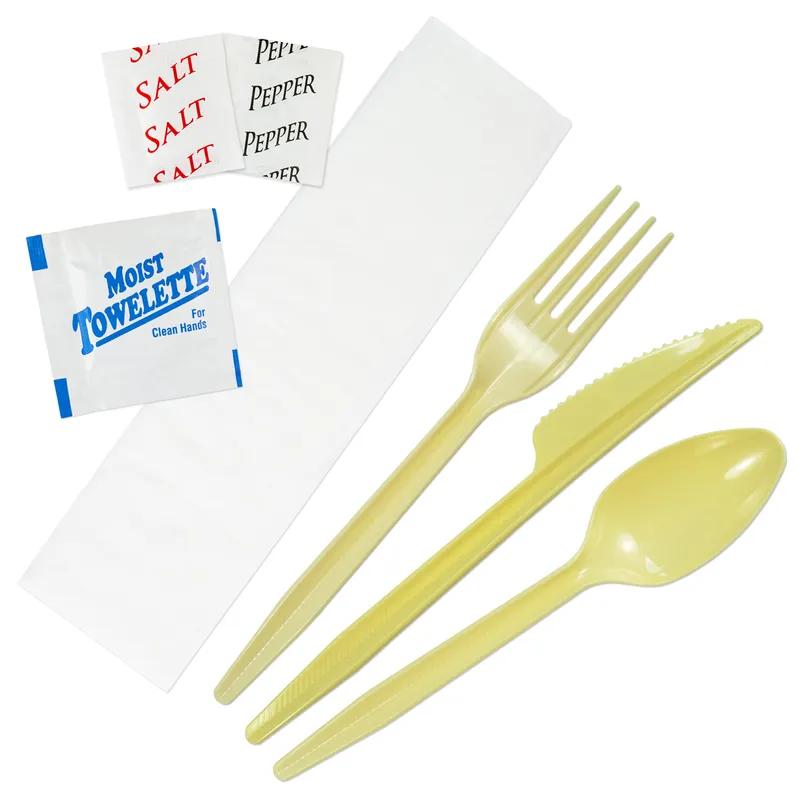 7PC Cutlery Kit PS Beige Heavy Duty With 13X17 Napkin,Fork,Knife,Salt & Pepper,Spoon,Moist Towelette 250/Case