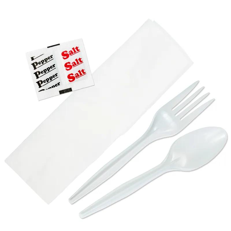 5PC Cutlery Kit PP White Medium Weight With 13X17 Napkin,Fork,Salt & Pepper,Spoon 250/Case