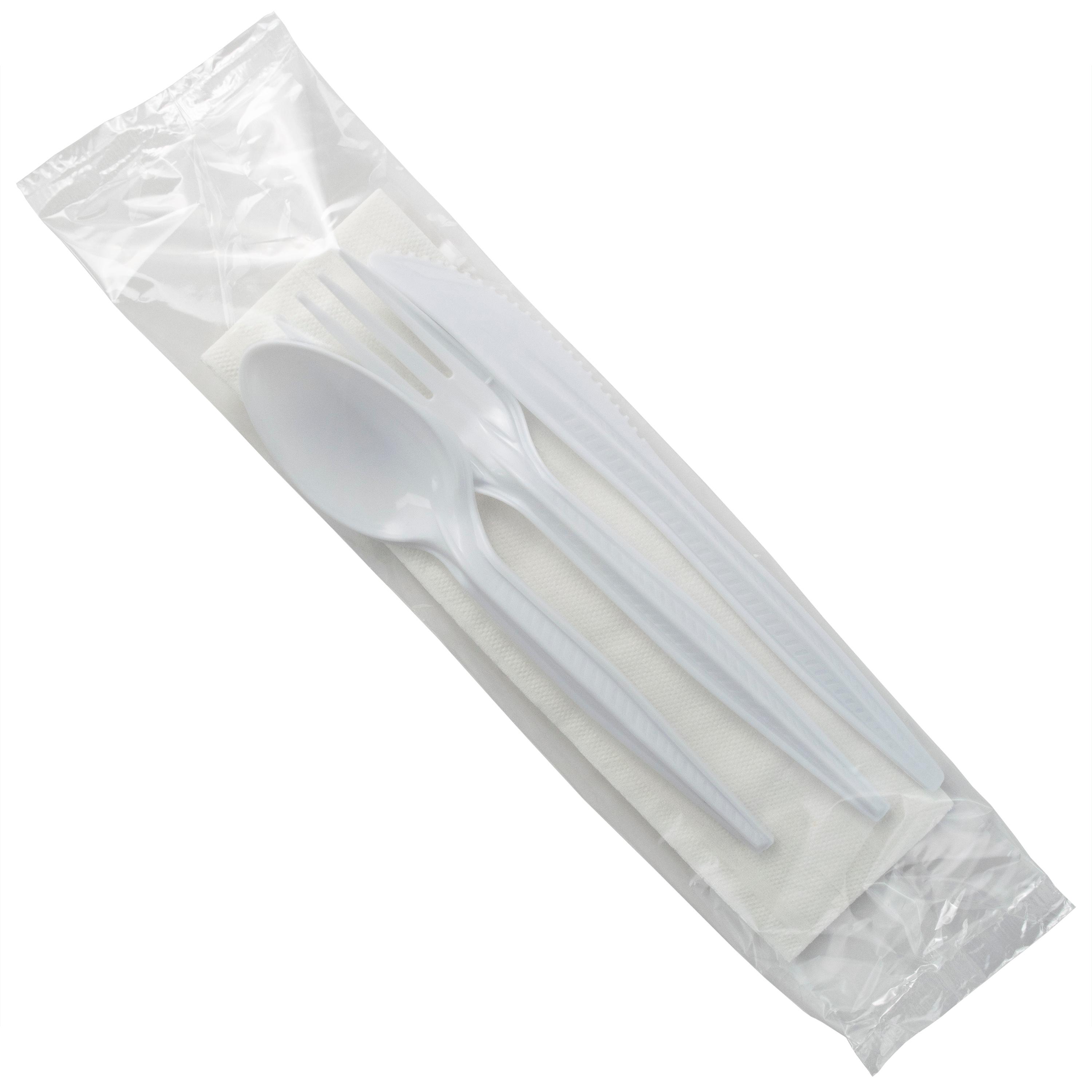 4PC Cutlery Kit PP White Heavy Duty With 1PLY 13X13 Napkin,Fork,Knife,Spoon 500/Case