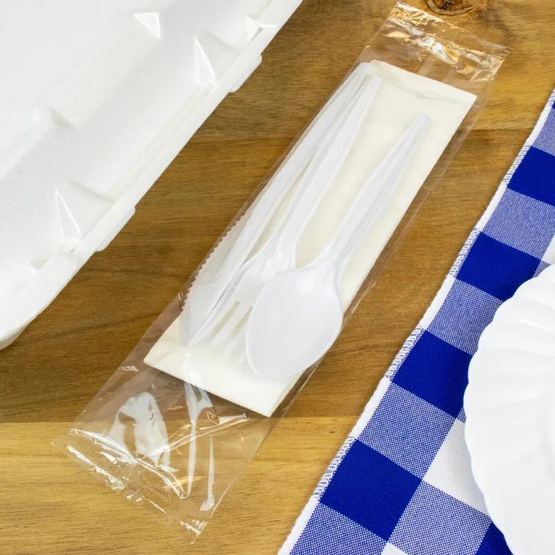 4PC Cutlery Kit PP White Heavy Duty With 1PLY 13X13 Napkin,Fork,Knife,Spoon 500/Case