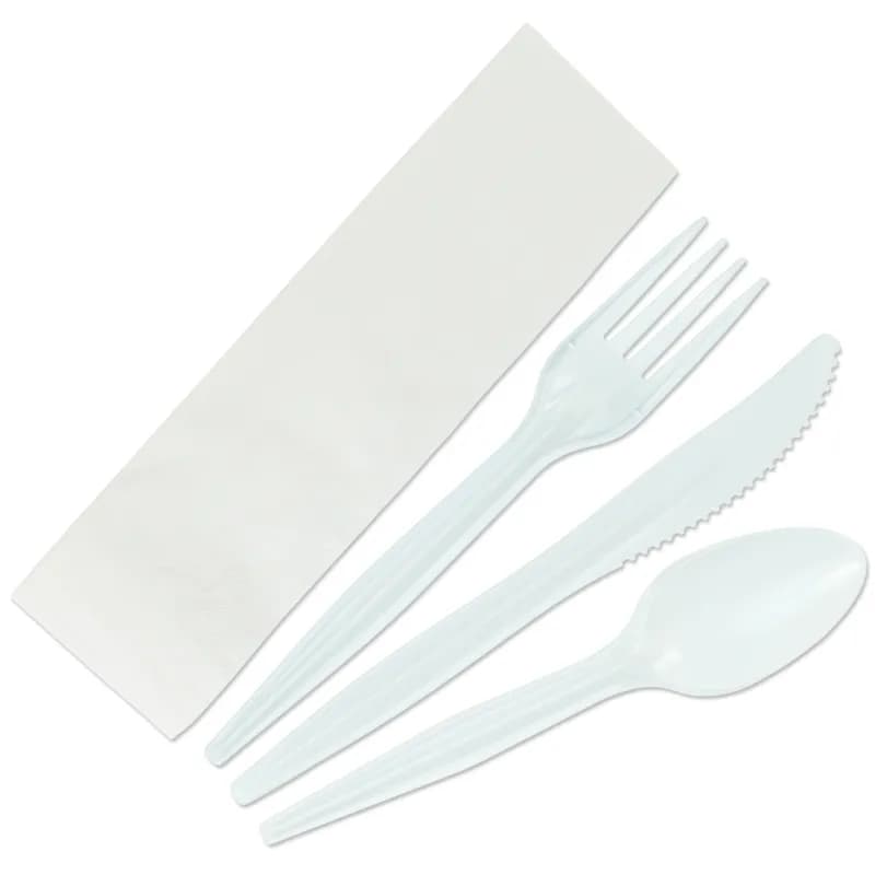 4PC Cutlery Kit PP White Heavy Duty With 1PLY 13X13 Napkin,Fork,Knife,Spoon 500/Case