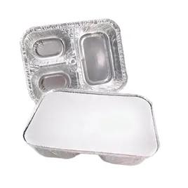 Take-Out Container Base & Lid Combo With Flat Lid Large (LG) 3 Compartment Aluminum Paper Silver White Deep 200/Case