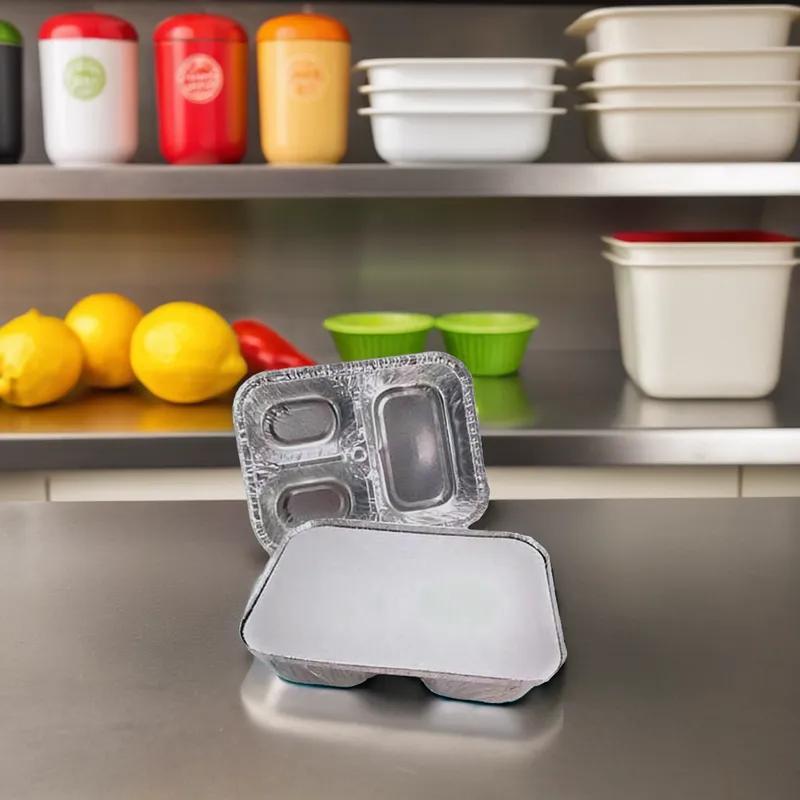 Take-Out Container Base & Lid Combo With Flat Lid Large (LG) 3 Compartment Aluminum Paper Silver White Deep 200/Case