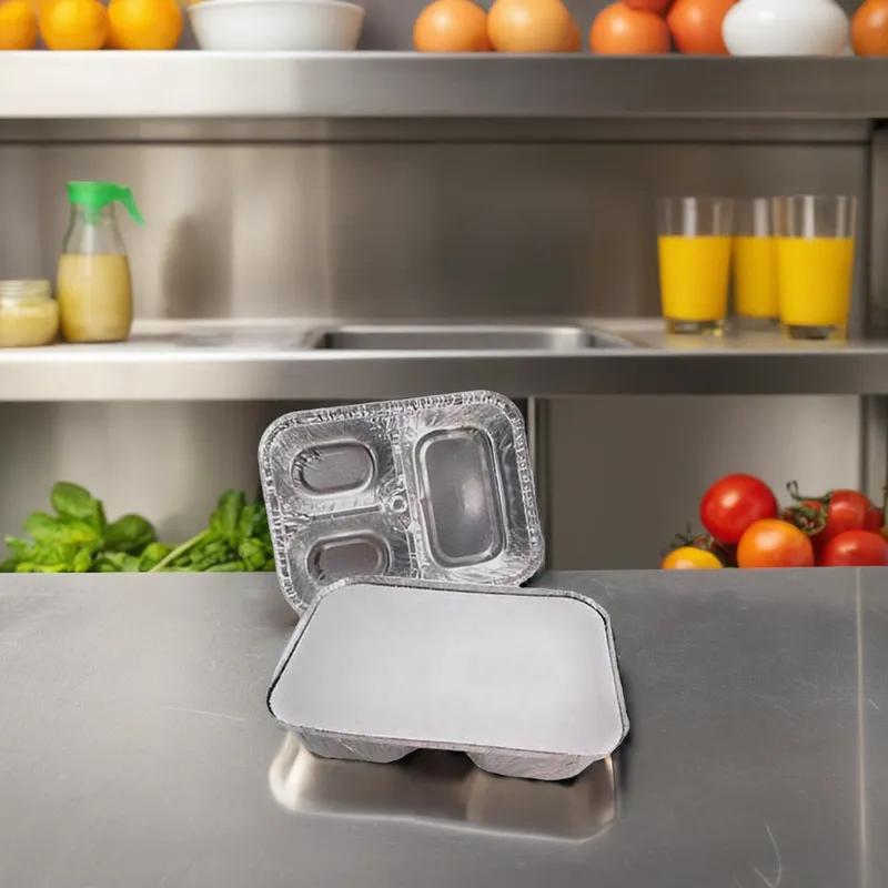 Take-Out Container Base & Lid Combo With Flat Lid Large (LG) 3 Compartment Aluminum Paper Silver White Deep 200/Case