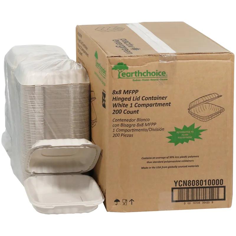 Take-Out Container Hinged With Dome Lid 8.3X8.4X3.1 IN MFPP White Square 200/Case