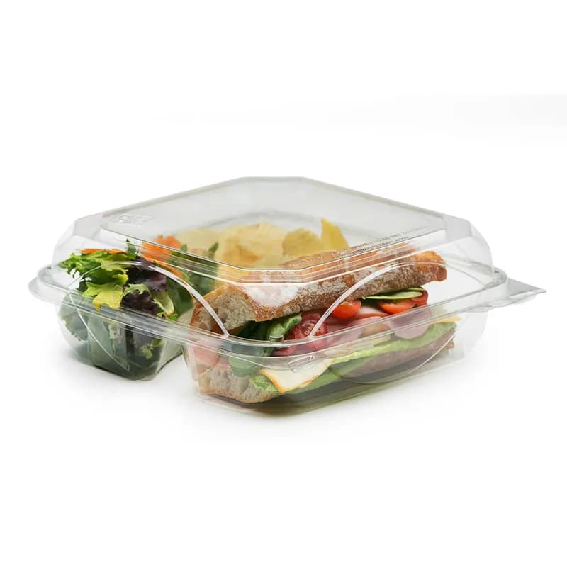 The BOTTLEBOX ® Take-Out Container Hinged 9.38X8.75X3.03 IN 3 Compartment RPET Clear Rectangle 200/Case