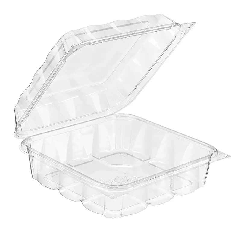 Essentials Take-Out Container Hinged With Dome Lid 8.625X8.6875X3.375 IN RPET Clear Square 132/Case