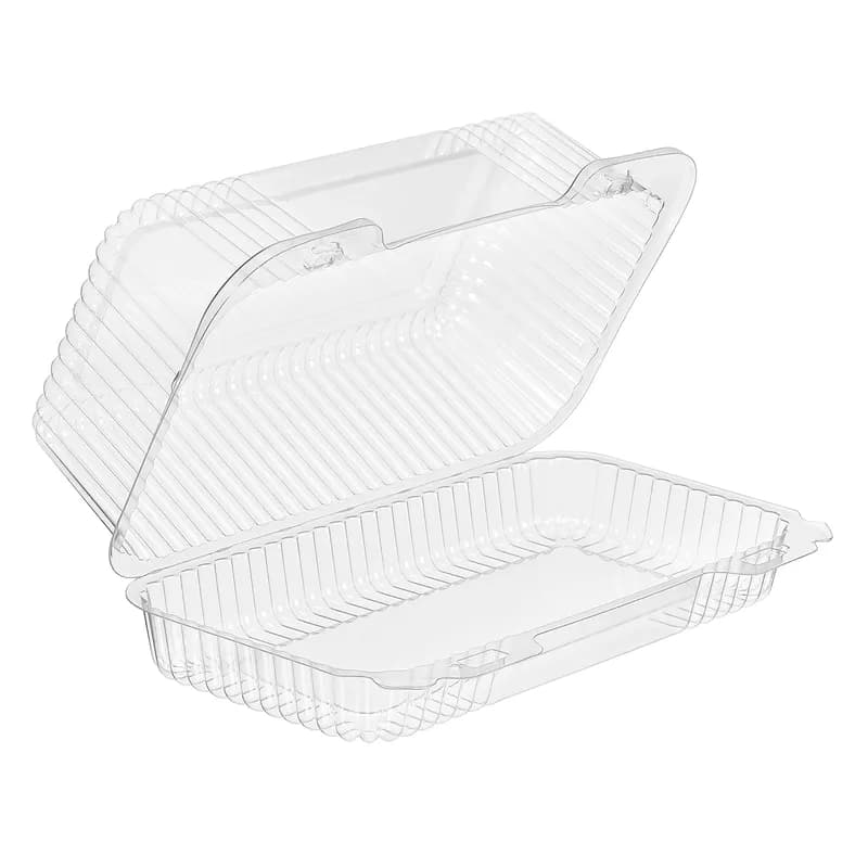 Essentials Take-Out Container Hinged With Dome Lid 9.5625X5.5X3.625 IN RPET Clear Rectangle Shallow 192/Case