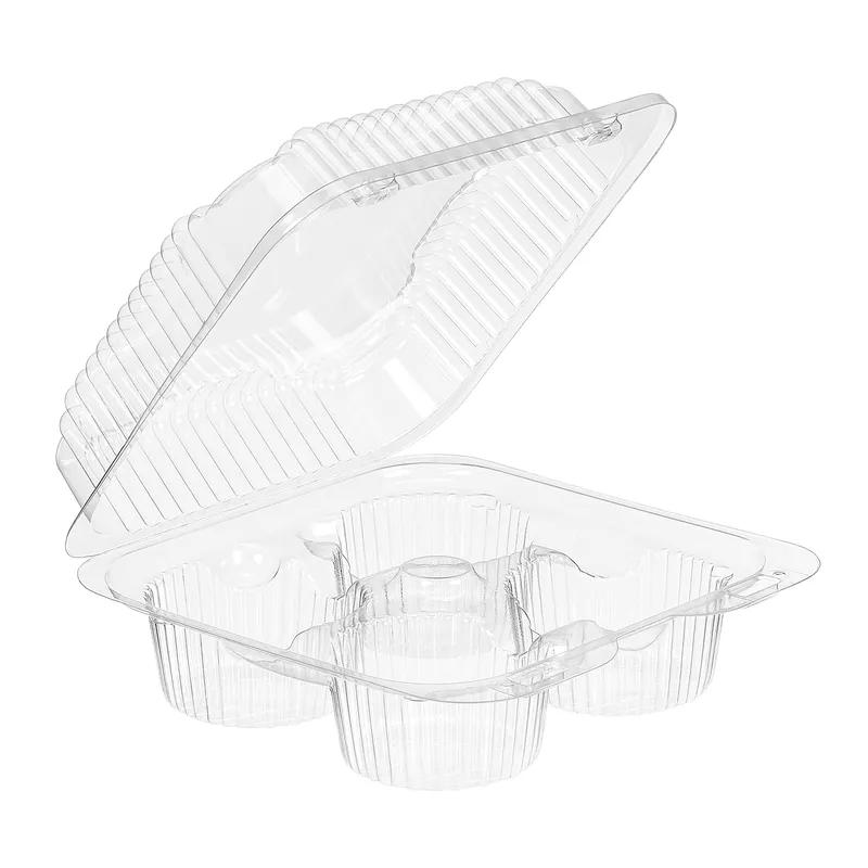 Essentials SureLock Muffin Hinged Container With Dome Lid 9.5X6.75X3 IN 4 Compartment RPET Clear Square Shallow 288/Case