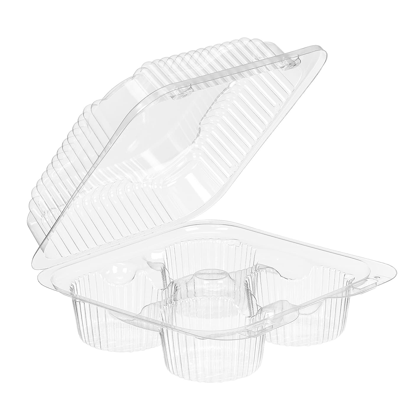 Essentials SureLock Muffin Hinged Container With Dome Lid 6.6875X6.6875X2.75 IN 4 Compartment RPET Clear Square Shallow 288/Case
