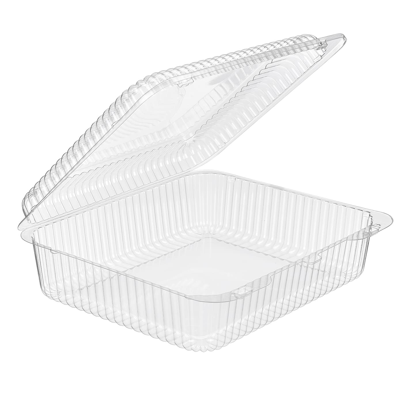 Essentials Take-Out Container Hinged With Dome Lid 10.8125X9.8125X3.3125 IN RPET Clear Rectangle Shallow Bar Lock 200/Case