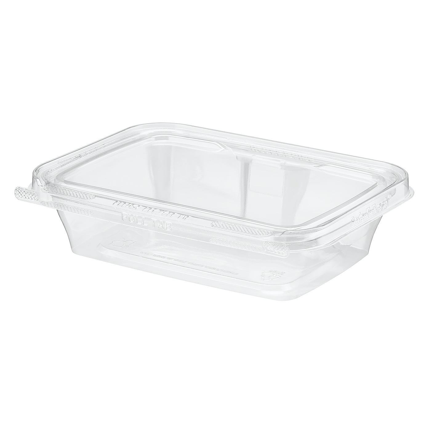 Safe-T-Fresh® Deli Container Hinged With Flat Lid 20 OZ RPET Clear Rectangle 200/Case