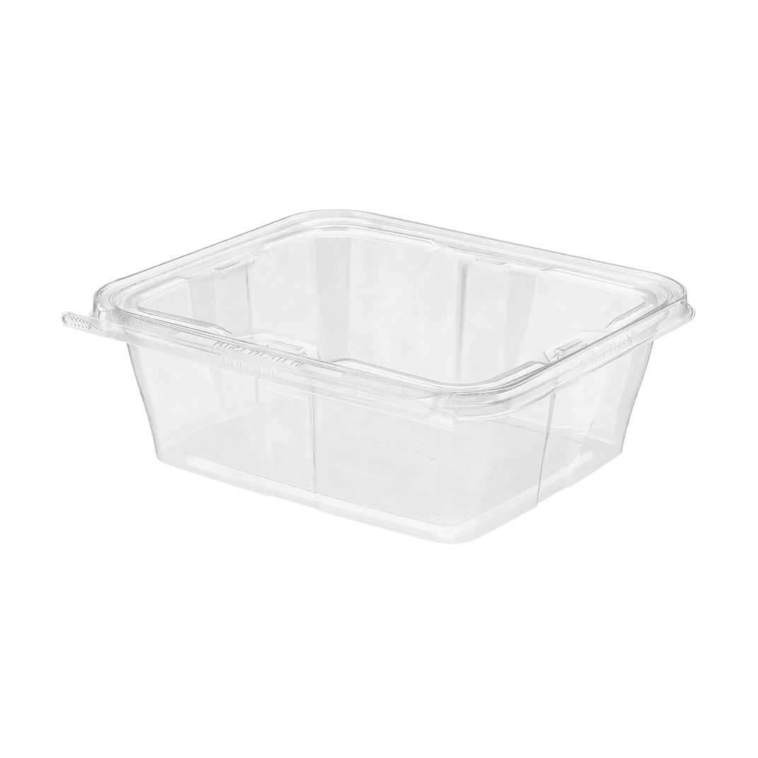 Safe-T-Fresh® Deli Container Hinged With Flat Lid 64 OZ RPET Clear Rectangle 150/Case