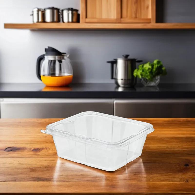 Safe-T-Fresh® Deli Container Hinged With Flat Lid 64 OZ RPET Clear Rectangle 150/Case