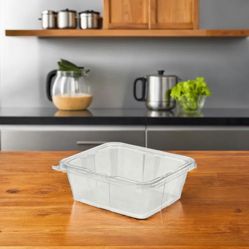Safe-T-Fresh® Deli Container Hinged With Flat Lid 64 OZ RPET Clear Rectangle 150/Case