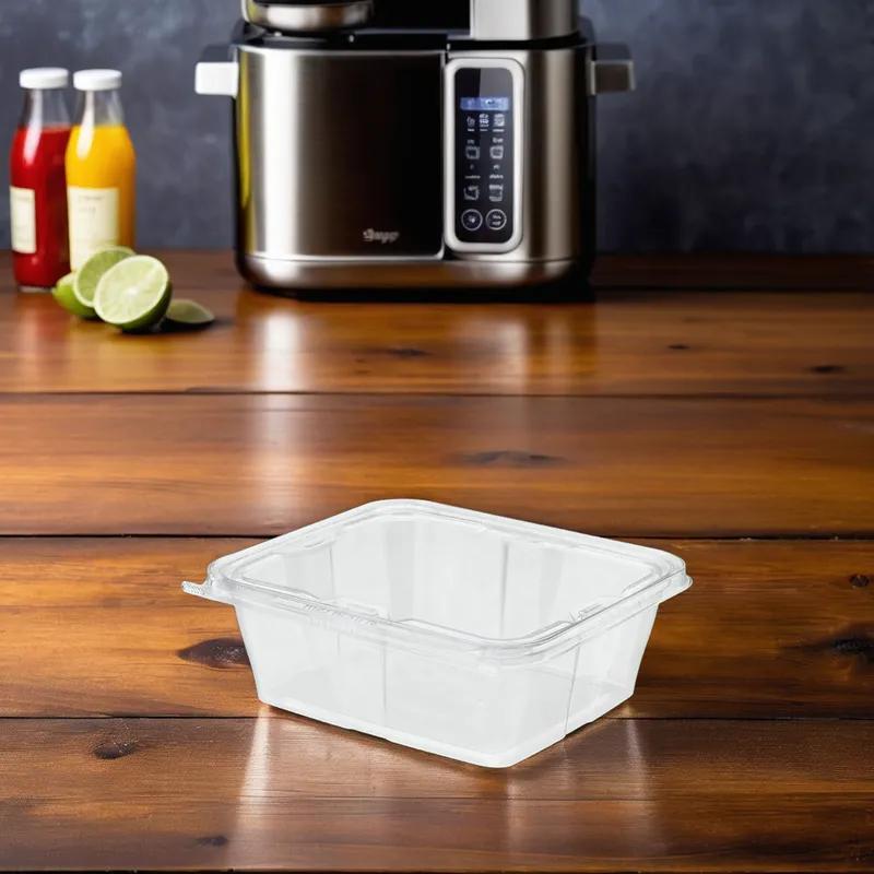Safe-T-Fresh® Deli Container Hinged With Flat Lid 64 OZ RPET Clear Rectangle 150/Case