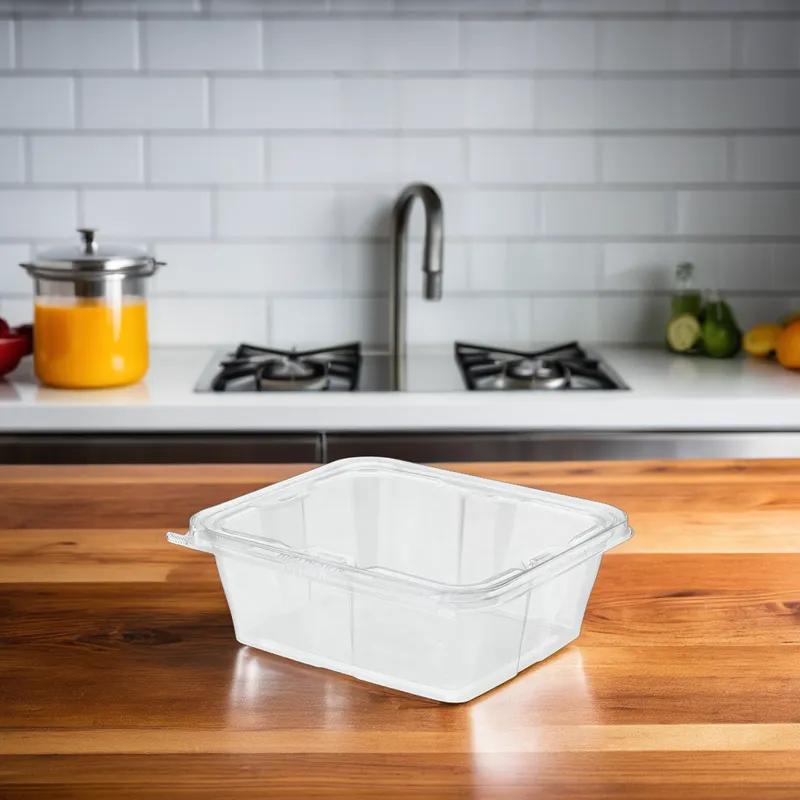 Safe-T-Fresh® Deli Container Hinged With Flat Lid 64 OZ RPET Clear Rectangle 150/Case