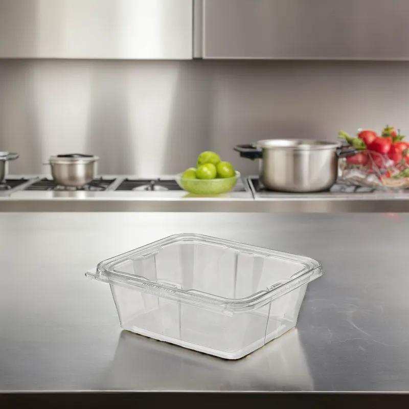Safe-T-Fresh® Deli Container Hinged With Flat Lid 64 OZ RPET Clear Rectangle 150/Case