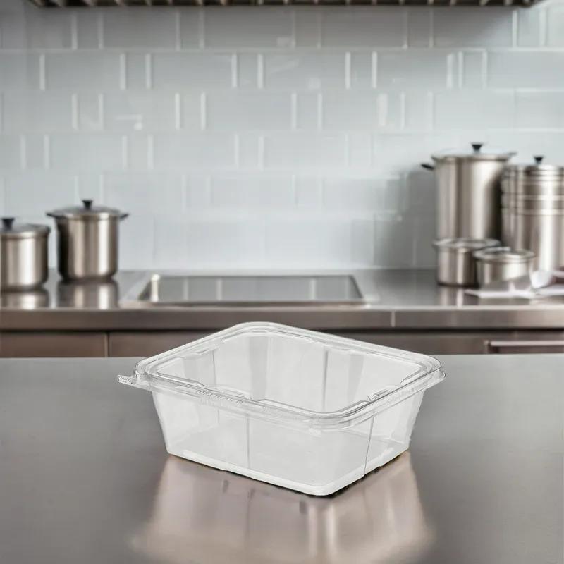 Safe-T-Fresh® Deli Container Hinged With Flat Lid 64 OZ RPET Clear Rectangle 150/Case