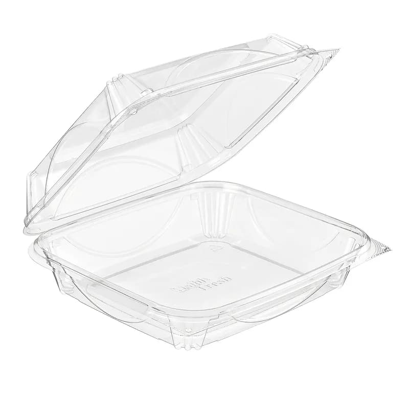 Essentials Take-Out Container Hinged With Dome Lid 8.9375X7.875X2.875 IN RPET Clear Square Perimeter Seal 110/Case