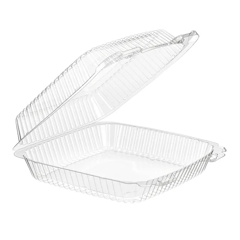 Essentials Take-Out Container Hinged With Dome Lid Large (LG) 9X9.4375X3 IN RPET Clear Rectangle Bar Lock 200/Case