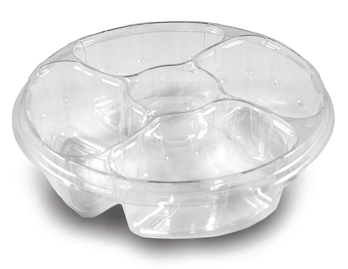 Tray 10.25 IN 64 OZ 5 Compartment PET Clear Round Juice Catcher With DC and Ring Lid 100/Case